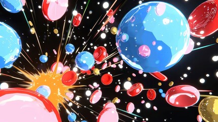 Poster - Colorful explosion of spheres and bubbles against a dark background, creating a dynamic visual effect