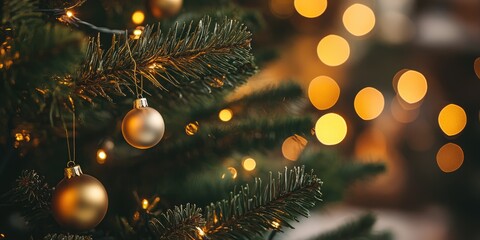 Poster - Elegant Christmas tree decor with soft lighting and cozy atmosphere showcasing natural elements and ample copy space for text.