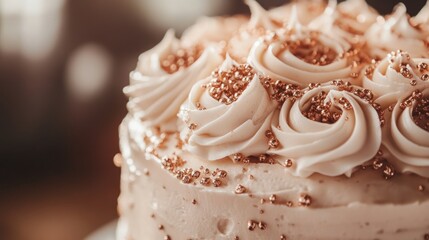 Poster - Elegant rose gold chocolate cake adorned with white frosting and delicate sprinkles showcasing a close-up view of its exquisite decoration.