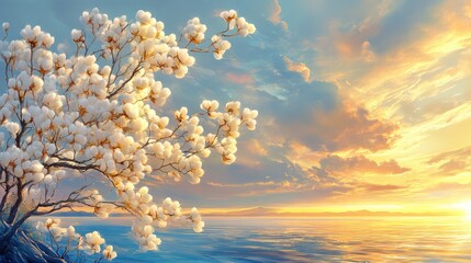 Aufkleber - Tranquil cotton tree blossoms illuminated by warm sunlight against a serene sky and calm ocean background at sunset