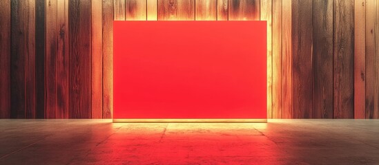 Wall Mural - Clear mockup studio with red illuminated backdrop and wooden interior ideal for product advertising furniture and home decor display