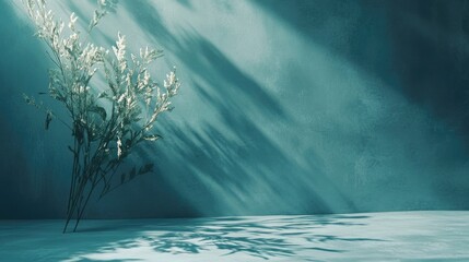 Aufkleber - Elegant teal background with soft shadows and light beams highlighting delicate foliage in a serene atmosphere