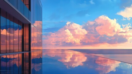 Aufkleber - Modern architectural masterpiece reflecting vibrant clouds and sky in serene digital artwork with water features and contemporary design elements.