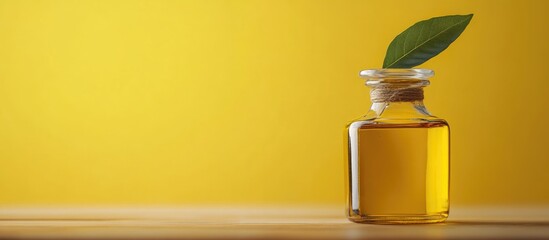Poster - Vibrant glass bottle of oil with leaf on yellow background showcasing healthy ingredients and ample space for customizable text or logos