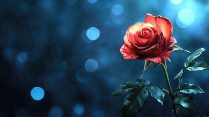 Aufkleber - Elegant red rose on a soft blue bokeh background with ample space for text or design elements. Perfect for romantic or floral themes.