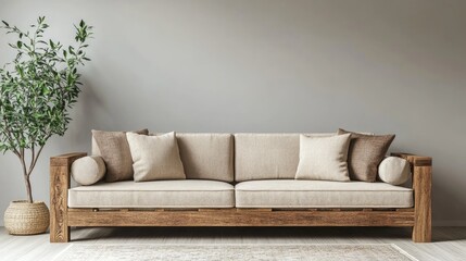 Poster - Scandinavian style living room with wooden sofa, cozy decor, and fresh greenery highlighting an empty wall for design mockups