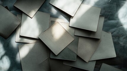 Poster - Minimalist composition of gray and light colored cards scattered on a textured surface with soft natural light highlights.