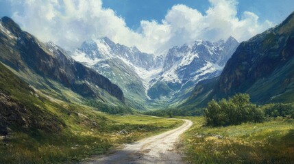 Aufkleber - Serene winding road through majestic mountains under a vibrant sky in a tranquil natural landscape setting