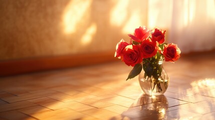 Aufkleber - Beautiful bouquet of red rose flowers in a clear vase on a sunlit wooden floor setting.
