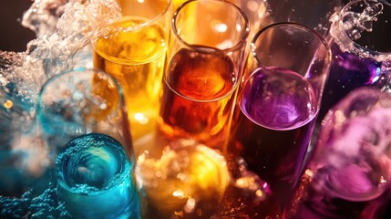 Poster - colorful liquids in glasses creating dynamic splashes in a studio setting showcasing vibrant hues an