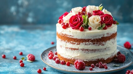 Poster - Elegant Naked Cake Topped with Fresh Roses and Berries on a Blue Background for Celebrations and Special Events