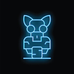 Poster - Blue neon sign of a vintage robot toy with a square head, big round eyes, and a rectangular body, standing on a platform