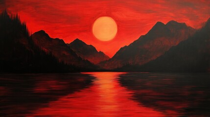 Poster - Crimson Sunset Reflected on Calm Waters with Silhouetted Mountains in the Background