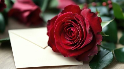 Aufkleber - Elegant Red Rose with Greeting Card on Wooden Surface for Festive Celebrations and Special Occasions Flat Lay Composition