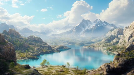 Aufkleber - Serene mountain landscape featuring a tranquil lake surrounded by lush greenery and clear blue skies. Ideal for nature-inspired projects.