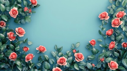Poster - Rose bush with pink flowers on a blue background creating a beautiful empty space for text or design elements in an elegant composition