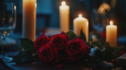 Aufkleber - Intimate Valentine's Day Dinner Decor with Red Roses and Candles in Soft Ambient Light