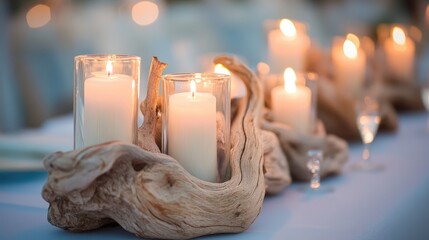 Aufkleber - Elegant Driftwood Candle Holders Enhancing Romantic Wedding Table Decor with Soft Candlelight Glow