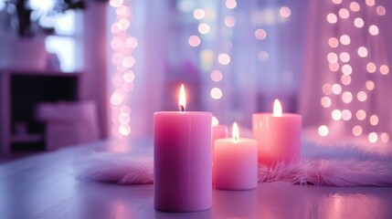 Poster - Cozy room with pink pastel candles and soft LED lights creating a serene bokeh effect for a calming ambiance.