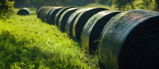 Poster - Silage bales on lush green grass in traditional European orchards with ample copyspace for text and seasonal harvest atmosphere.
