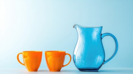 Poster - still life composition of blue glass jug and vibrant orange cups against a pastel blue background wi