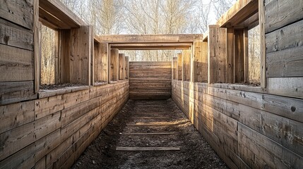 Aufkleber - Rustic wooden shooting range designed with timber walls and open windows surrounded by trees and natural light.