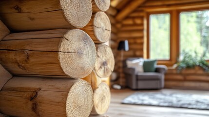 Aufkleber - Rustic log cabin interior showcasing warm wooden textures and natural elements with empty space for personalized text or advertising.