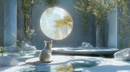 Aufkleber - Calm Cat in Sustainable Zen Space with Natural Light and Eco-Friendly Elements
