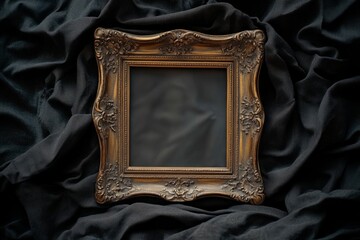 Ornate gold empty frame with dark background displayed on black cloth creating a mysterious and elegant atmosphere