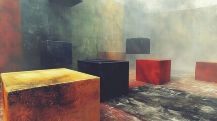 Poster - Abstract composition of floating colored cubes in a misty, surreal environment