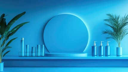 Poster - Blue Stage Podium with Product Display Background and Empty Copy Space for Text in a Modern Aesthetic Setting