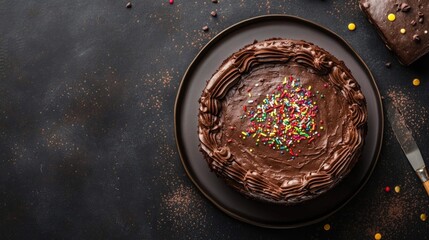 Poster - Chocolate Cake Decorated with Colorful Sprinkles on Dark Background Ideal for Birthday Celebrations and Dessert Promotions Copy Space