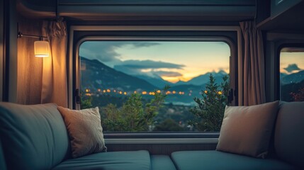 Aufkleber - Tranquil RV interior with scenic mountain view at dusk showcasing ambient lighting and natural beauty through the window.