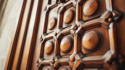 Poster - Close up of an intricately designed wooden front door showcasing detailed craftsmanship and unique character with ample text space for design use