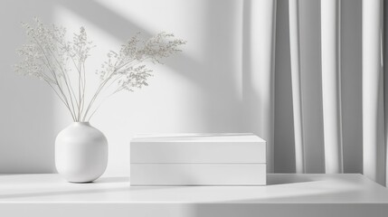 Aufkleber - Stylish Minimalist Mockup of White Box with Template for Premium Packaging in Elegant Indoor Setting