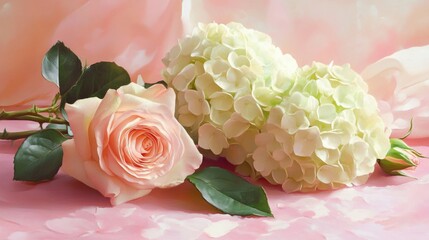 Poster - Elegant rose and hydrangea blooms arranged delicately on a soft pink background showcasing beauty and serenity in floral design.