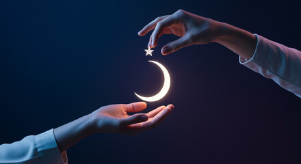Poster - Hand holding star and crescent moon. Dreamy hand reaching for star and moon. Creativity and imagination concept