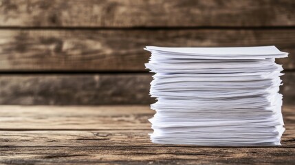 Poster - stack of blank white papers on rustic wooden table with ample empty space for text or design element