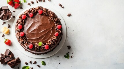 Poster - Chocolate Cake with Raspberries and Strawberries on White Background Ideal for Birthday Celebrations or Dessert Promotions with Copy Space