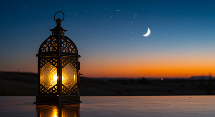 Poster - Lantern at sunset with moon in the sky. Lantern glowing at night with stars and moon