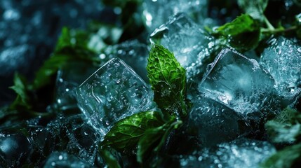 Poster - Close up of ice cubes and fresh mint leaves with wet surface background ideal for beverage and cocktail themed designs or advertisements