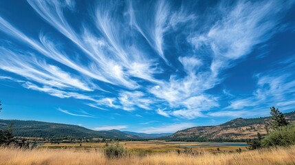 Poster - Vibrant Blue Sky with Whispy Clouds Over Scenic Landscape and Golden Grassland in Natural Outdoor Environment