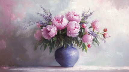 Poster - Elegant pink peonies arranged in a lavender vase against a soft pastel background creating a tranquil floral composition.