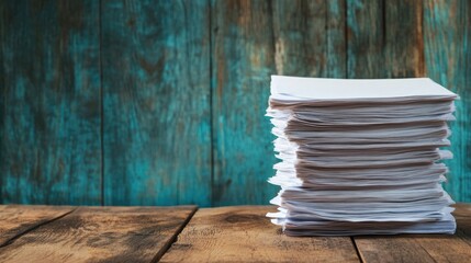 Poster - stack of neatly arranged white papers on a rustic wooden table with an empty space for potential tex