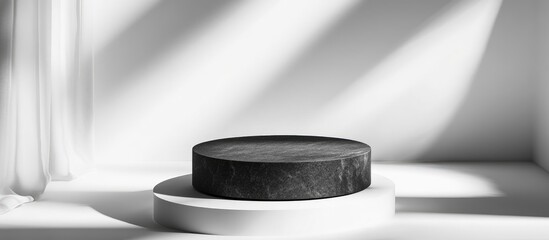 Aufkleber - Black Round Stone Pedestal with High Contrast Shadows on White Background for Product Display and Creative Presentations