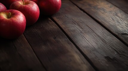 Poster - Sleek dark wooden table with fresh red apples perfect for autumn recipes and seasonal decor inspiration