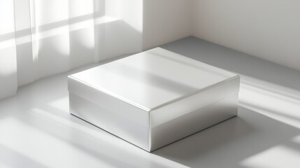 Aufkleber - Minimalist White Box on Sleek Metallic Surface with Soft Natural Light and Clean Lines in Contemporary Interior Setting