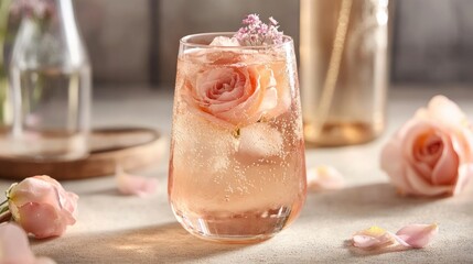 Aufkleber - Elegant Rose and Elderflower Spritz Drink Garnished with Fresh Flowers on a Light Background