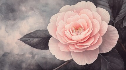 Poster - Delicate pink camellia flower in full bloom with soft petals and lush green leaves against a muted background