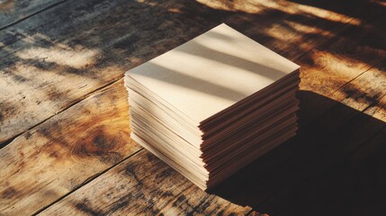 Poster - stack of blank business cards on a rustic wooden table with soft shadows and ample copyspace for per